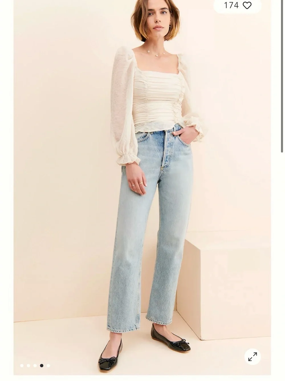 Astr Cream Ruched Square-Neck Puff-Sleeve Blouse
